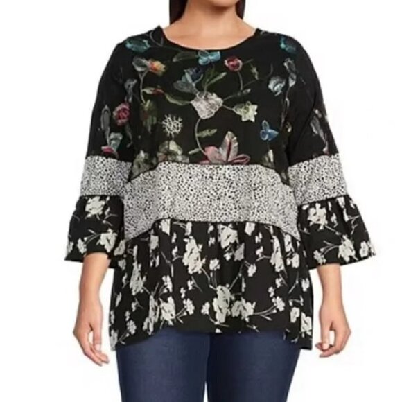 Calessa Black Embroidered Floral Patchwork Print  3/4 Sleeve Tiered Hem Tunic - Picture 4 of 4